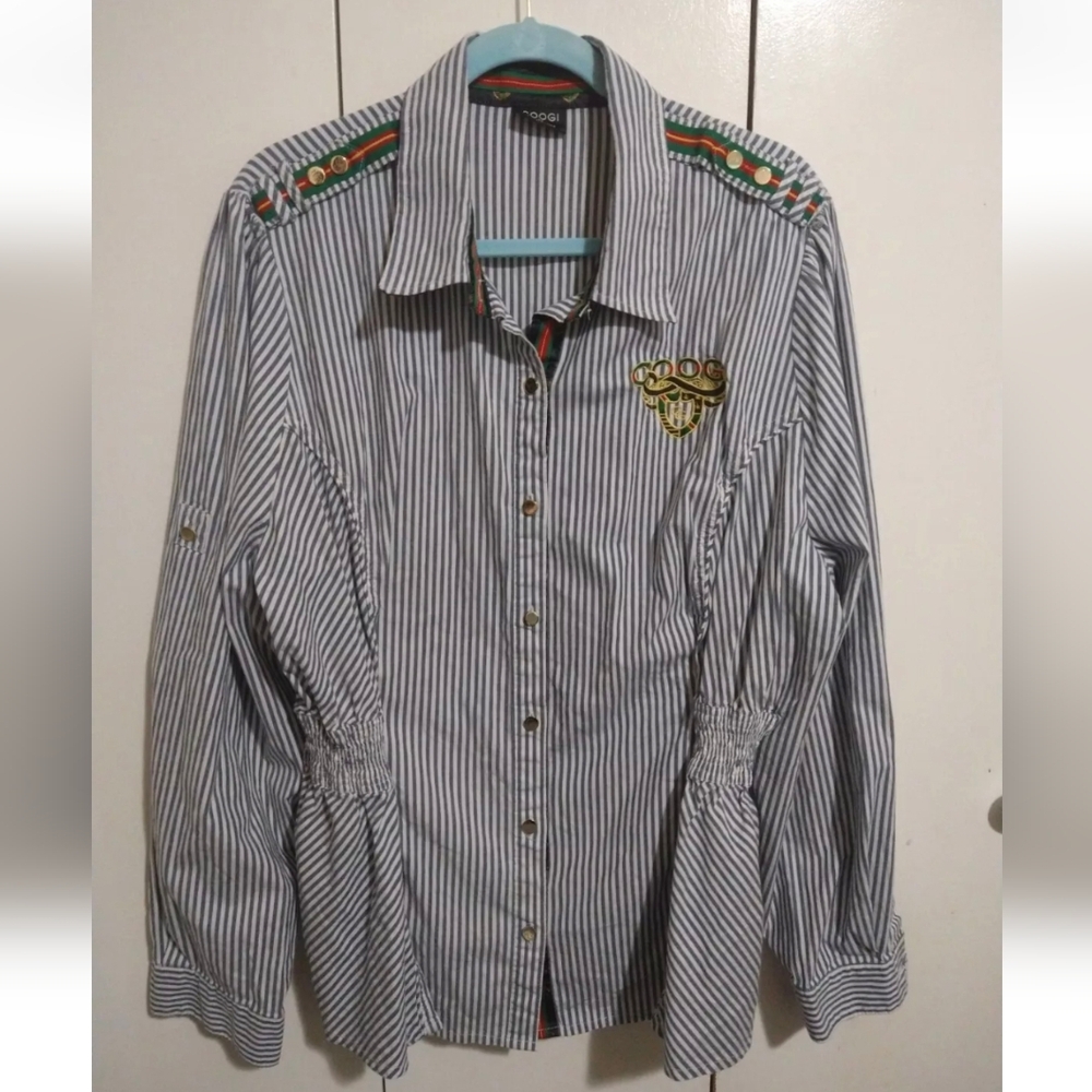 Coogi Women's Button Down Navy & White Striped Shirt With Gold Accents